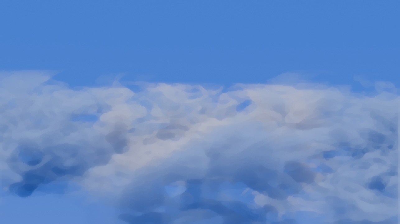 Image description: A 3D render of white clouds with blue shadows on a blue daytime sky. The render has a painting effect.