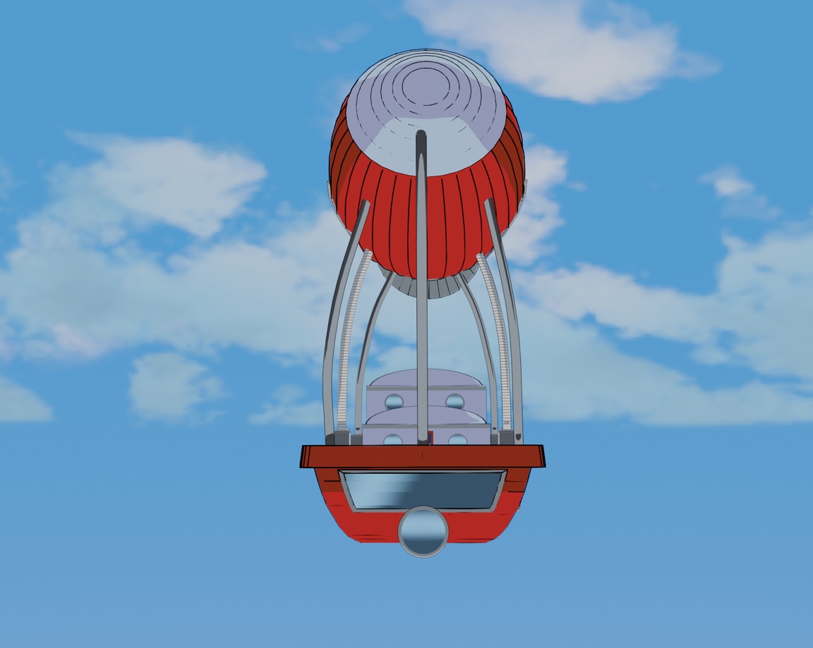 Image description: A cel-shaded 3D render of an airship with design elements inspired by cars from the 1950’s. The airship has a red and white color scheme and is in a light blue sky with clouds. The camera angle is from the front.