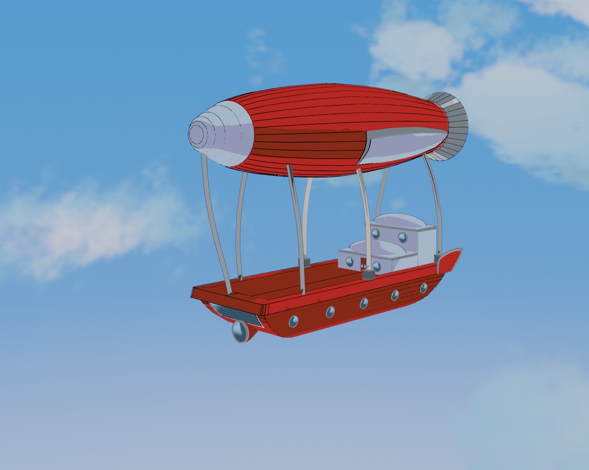 image description: A cel-shaded 3D render of an airship with design elements inspired by cars from the 1950’s. The airship has a red and white color scheme and is in a light blue sky with clouds. The camera angle is isometric.