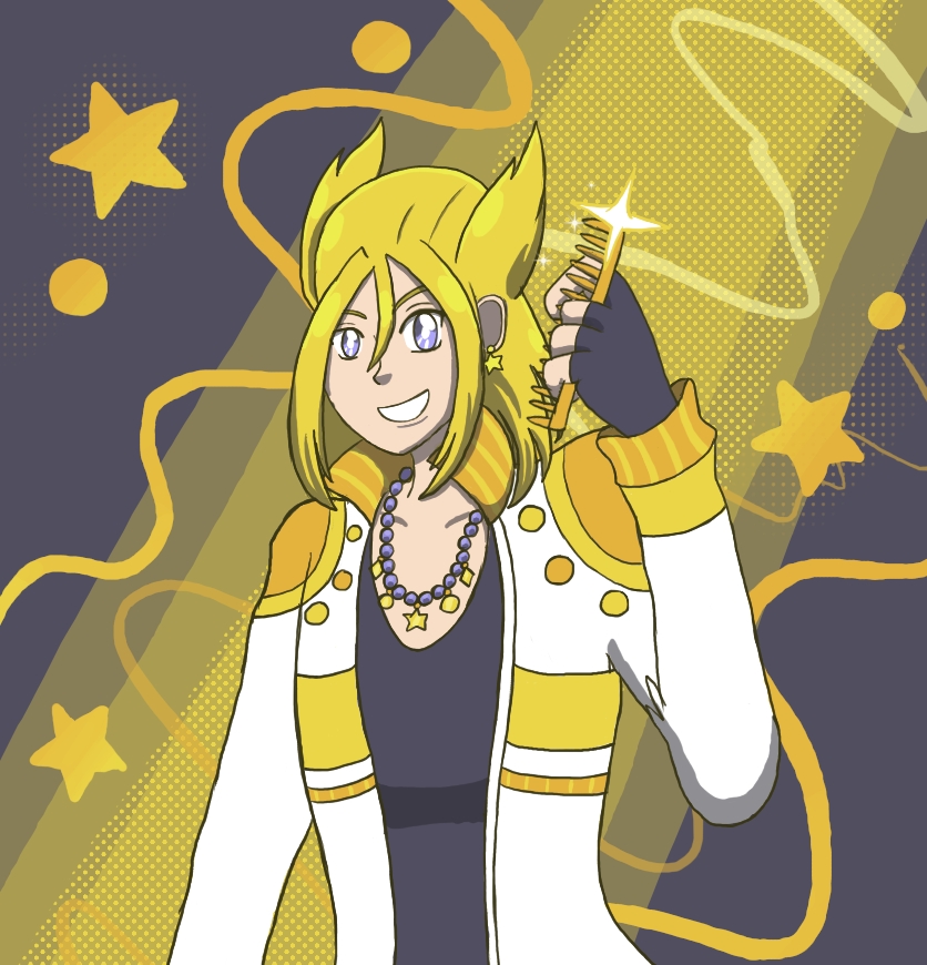 Image description: A digital portrait of Aurora from Magical Renegades in her casual hairstyle. She’s grinning for the camera and holding a comb in her left hand as she styled her hair for the camera. She's wearing a 1980’s inspired jacket and shirt with a predominantly yellow and yellow-orange color scheme with hints of purple.