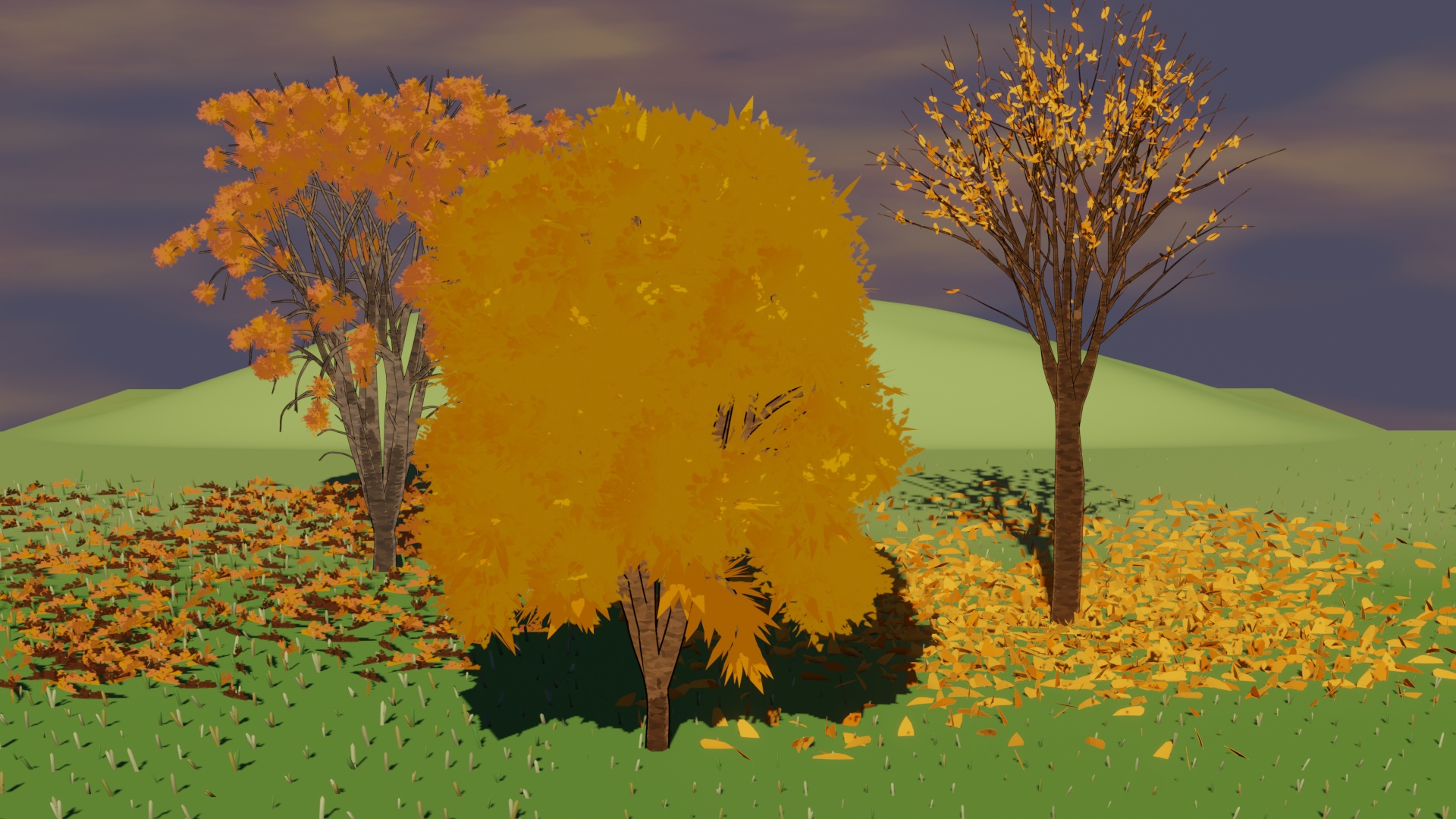 Image description: A 3D render of three trees with leaves that are mostly in shades of orange. They stand on a grassy area in a sunset with orange clouds. The tree in the middle has all of its leaves. The two trees to the side lost some of their leaves which are scattered on the grass.