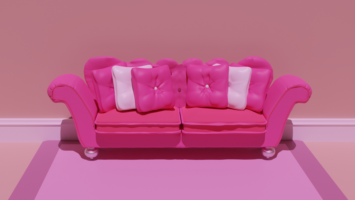 Image description: A pink couch against a beige wall, but the lighting gives the wall a pink tint. A pink rug sits under the couch. Pink and white pillows sit on the couch. 