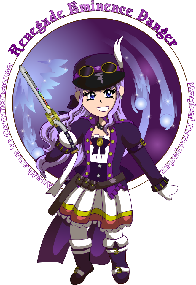 Image description: A digital art drawing for Huevember 2022. An Art Noveau-inspired chibi drawing of a woman in a purple and white steampunk outfit with purple ribbons, a white skirt with colorful trim, and white leggings. She wields a steampunk-style mechanical rapier in one hand. The background is a flurry of ice magic projectiles. On the outside of the background border, the top reads 'Renegade Eminence Danger'. Along the bottom it reads 'Magical Renegades Anathema to Commonsense'.