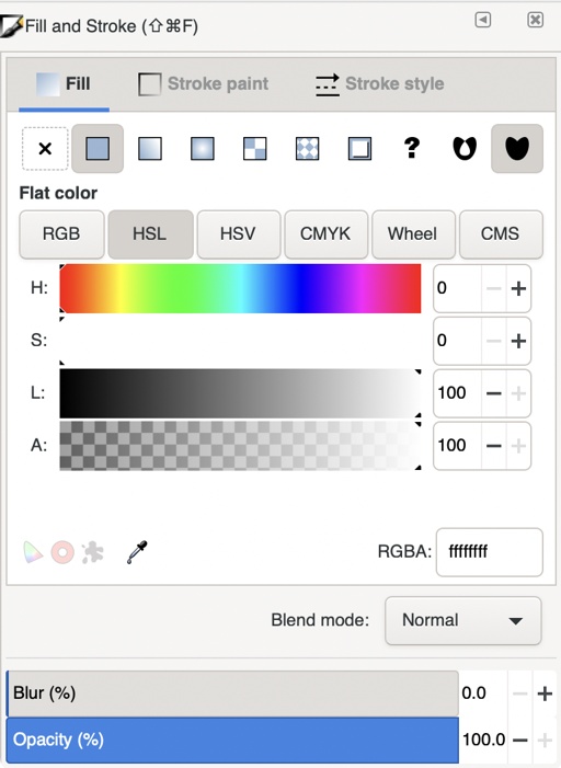 Fill and Stroke window in Inkscape that shows that the color white was selected
