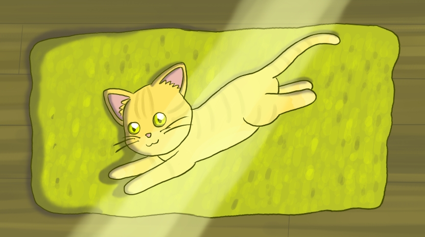 Image description: A digital drawing of a stylized orange tabby cat lying on a yellow rug on a hardwood floor. The cat and the rug are lying on a beam of sunlight shining through an unseen window.