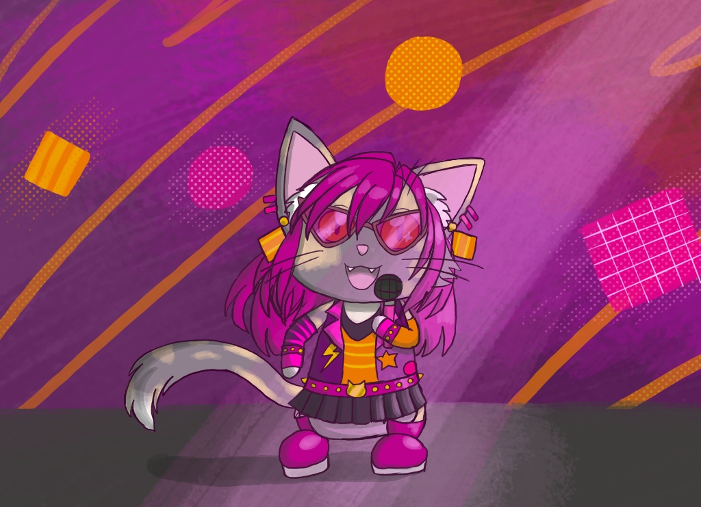 Image description: A digital drawing of a dilute tortoiseshell cat in a glam rock-style outfit with large colorful earrings, sunglasses, a vest, boots, long gloves and a miniskirt with a studded belt. The cat has a wig with long magenta hair, and the outfit is predominantly magenta with other pieces in purple and orange.