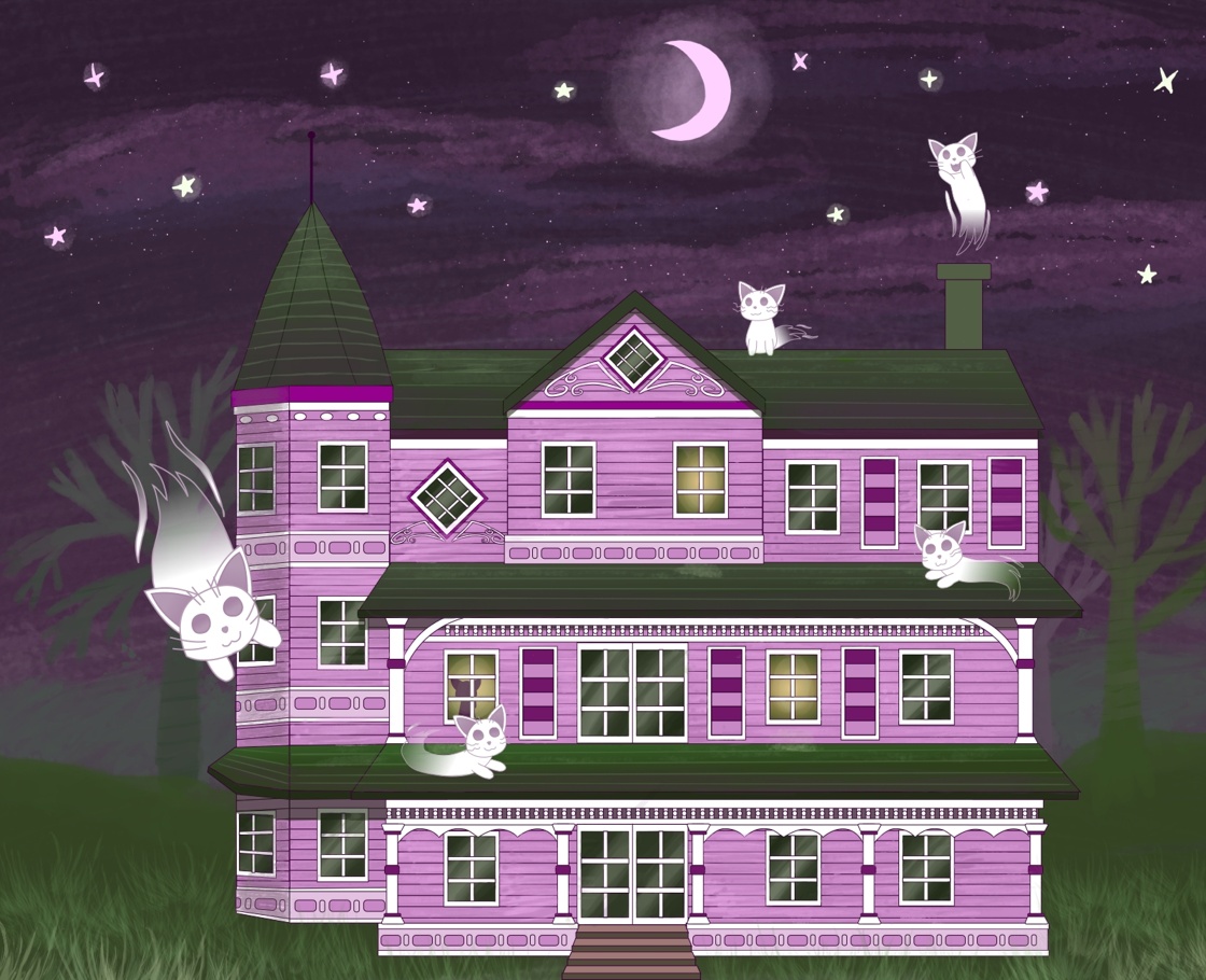 Image description: A watercolor-inspired drawing of a purple Queen Anne-style house with darker purple and white trims with a dark green roof. The lights are on in a few of the windows. It is night and five ghost cats are on or flying around the house.