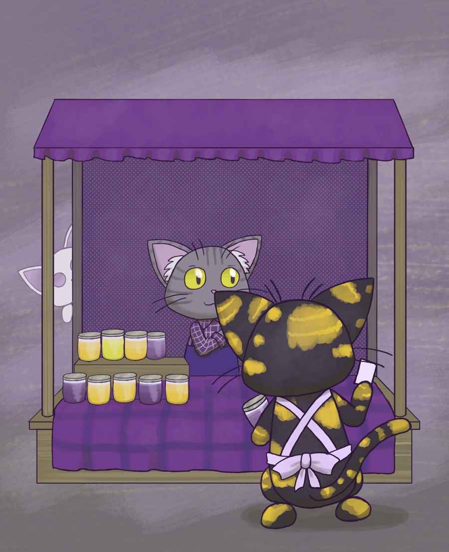 Image description: A digital drawing of three stylized cats that has a purple color scheme with some orange and yellow. A grayish tabby in a purple farmer outfit is in a booth selling jars of jam. A tortoiseshell cat wearing a lilac apron is the customer and holds a jar in one paw and a payment card in the other. Behind them, a ghost cat peeks from behind the booth