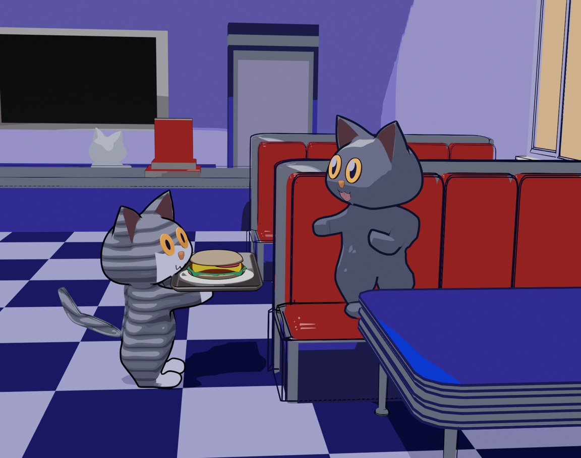 A flat-shaded 3D-rendered scene of a 1950’s diner. A solid gray cat with orange eyes is seated at the table and excitedly reaches for the food the server is bringing to the table. The server is a gray and white tabby cat with orange eyes and is holding a tray with a cheeseburger on a plate.