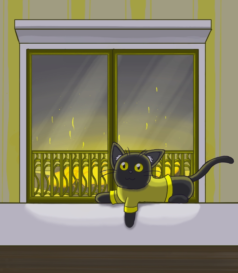 Image description: A digital drawing of a stylized black cat with yellow eyes wearing a yellow sweater. The cat is laying in front of a marble fireplace with golden decorations on the glass.