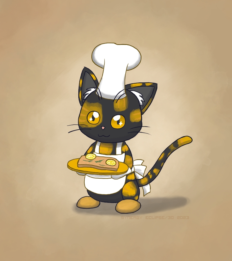 Image description: A drawing of a stylized tortoiseshell cat wearing a chef hat and apron. The cat is standing upright, is holding a plate of baked salmon, and looks excited to eat it.