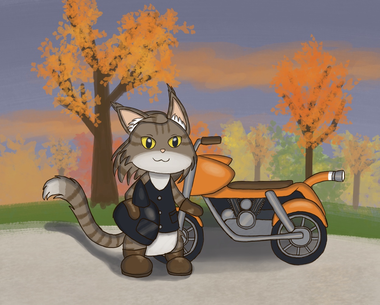 Image description: A digital drawing of a stylized long-haired brown and white tabby cat wearing a biker vest, gloves and boots, and is holding a helmet. The cat is standing by a motorcycle that has a few extra design elements which include a tail light modeled after a cat’s tail. The scenery is a sunset along a nature trail; the trees have mostly orange foliage but there is also foliage with red, yellow and green hues.