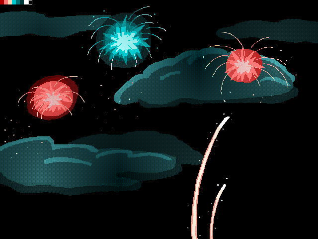 Red and blue fireworks illuminate the night sky.