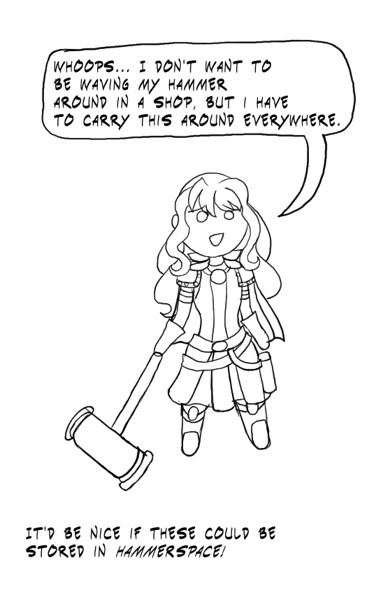 Image description: A grayscale drawing of Felicity dressed as a cleric. A simple chibi drawing; she put the hammer down and nervously said 'Whoops...I don’t want to be waving my hammer around in a shop, but I have to carry this around everywhere.