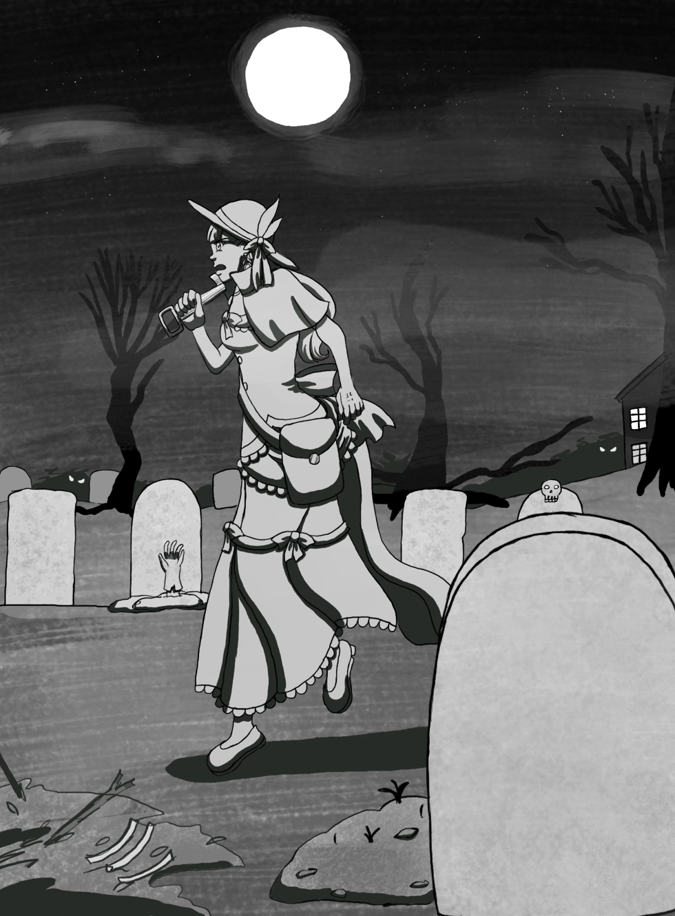 Image description: A grayscale drawing of Chelsea from Magical Renegades wearing a fancy dress. She is walking with an angry expression, and is holding a small digging tool in one of her hands while she walks through a graveyard.