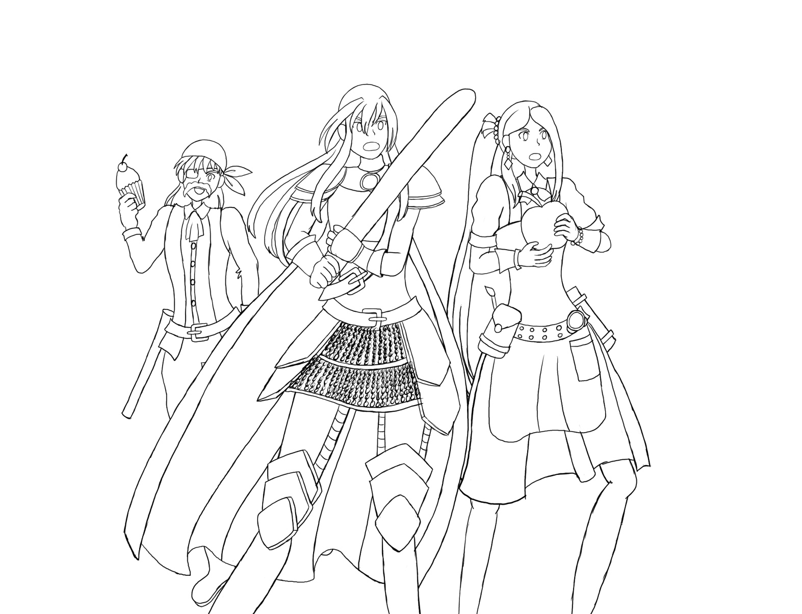 Image description: A line art drawing showing 3 characters. One is dressed as a pirate and holding a cupcake as a weapon. The character in the middle is dressed as a knight and wielding a baguette. The character to the right is dressed like an artisan and is holding a cannonball-sized apple