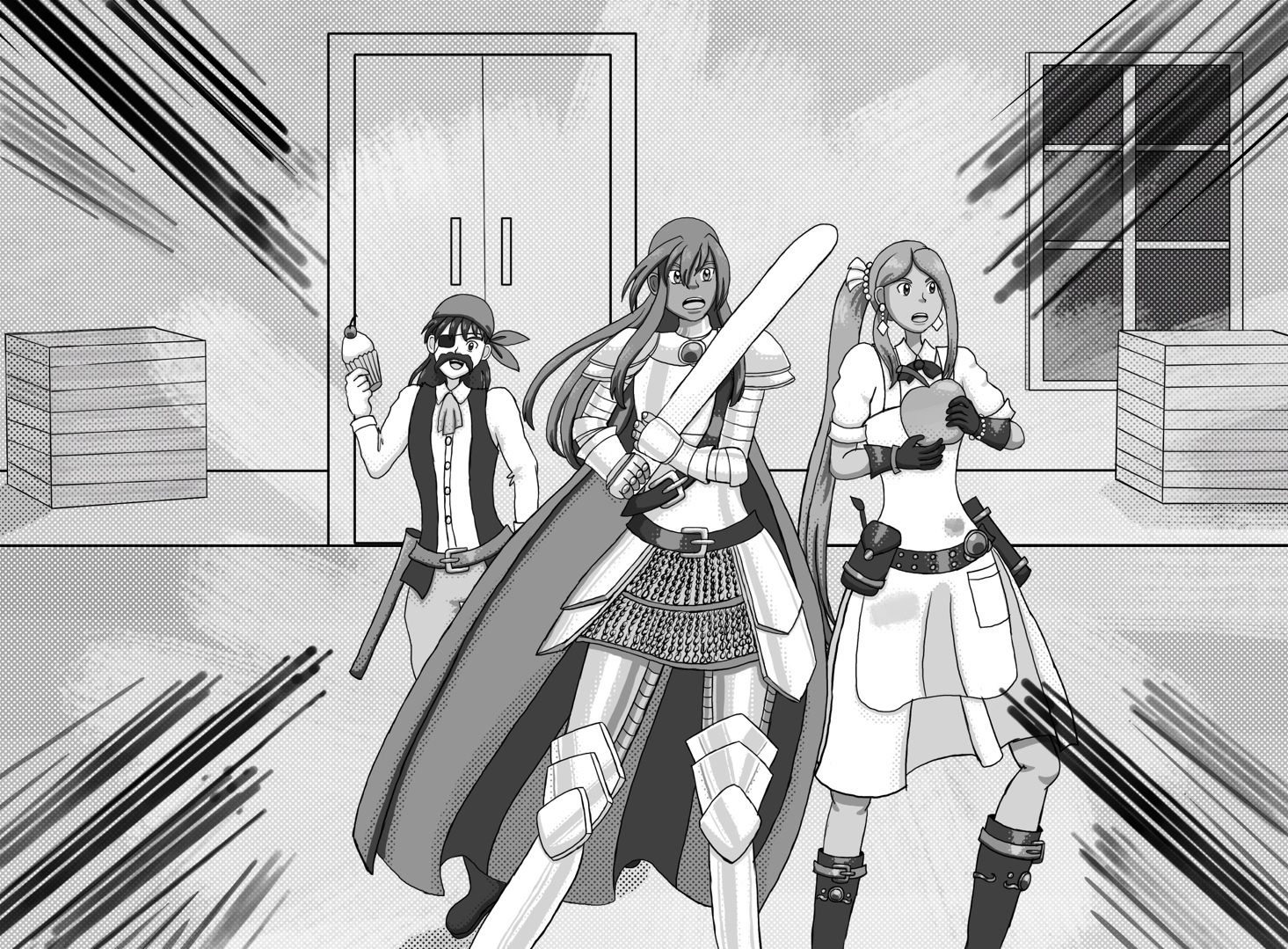 Image description: A grayscale and half-tone drawing showing three characters defending a mess hall with crates of food in the background. Alfbern is dressed as a pirate and holding a cupcake as a weapon. Monica is dressed as a knight and wielding a baguette. Claudia is dressed like an artisan and is holding a cannonball-sized apple.