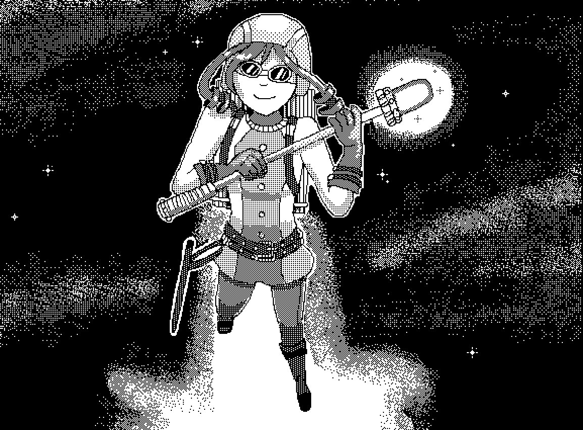 Image description: A black and white 1-bit drawing showing Paige flying towards the camera. She is wearing goggles and is wearing a steampunk style space outfit while she holds a steampunk-style staff in her hands