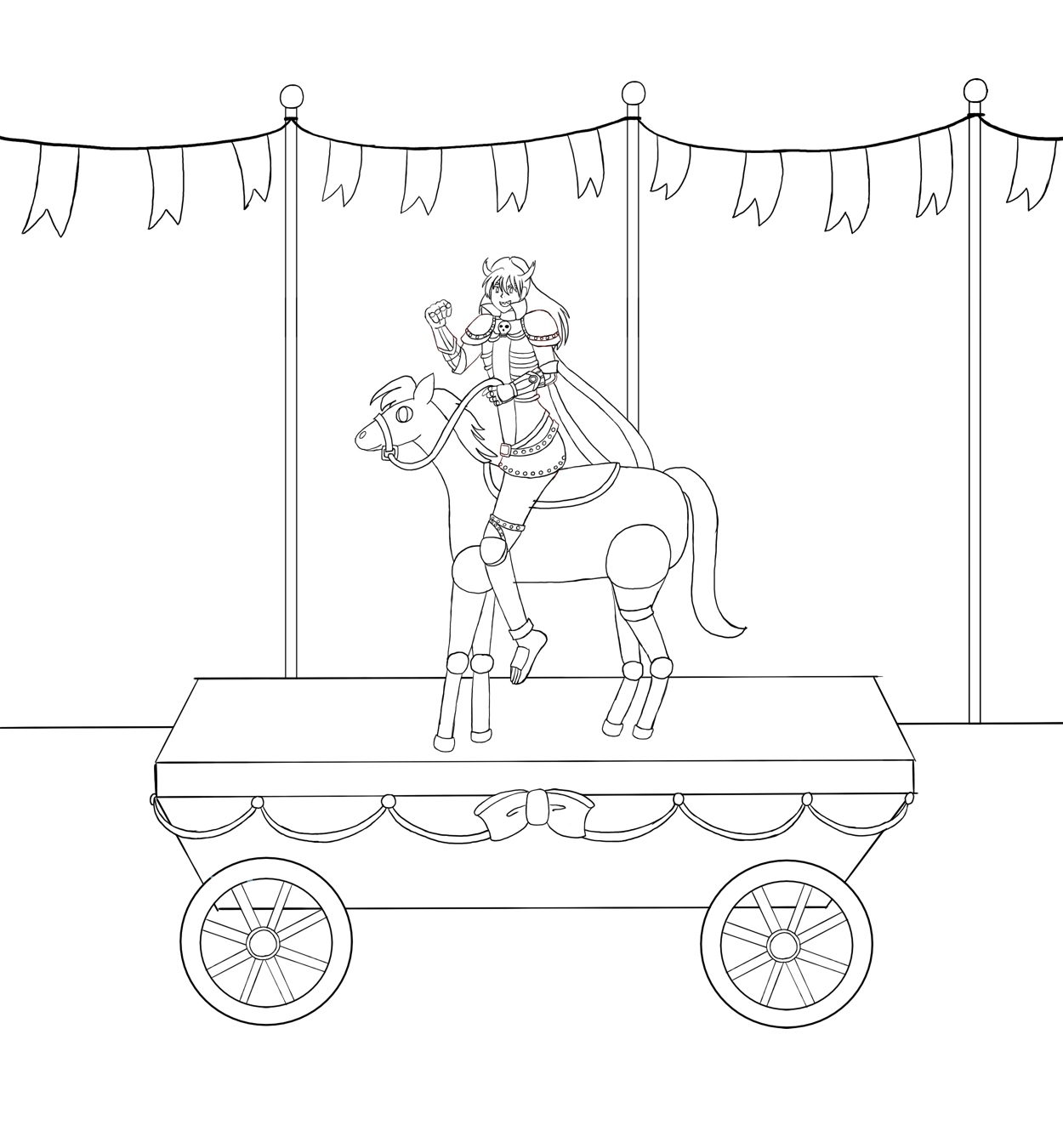 Image description: A line art drawing showing Santana from Magical Renegades dressed in knight armor that has a skeleton motif to it, and he's riding a large toy horse that's on a cart in a celebratory parade. In the background are banners waving in the wind.