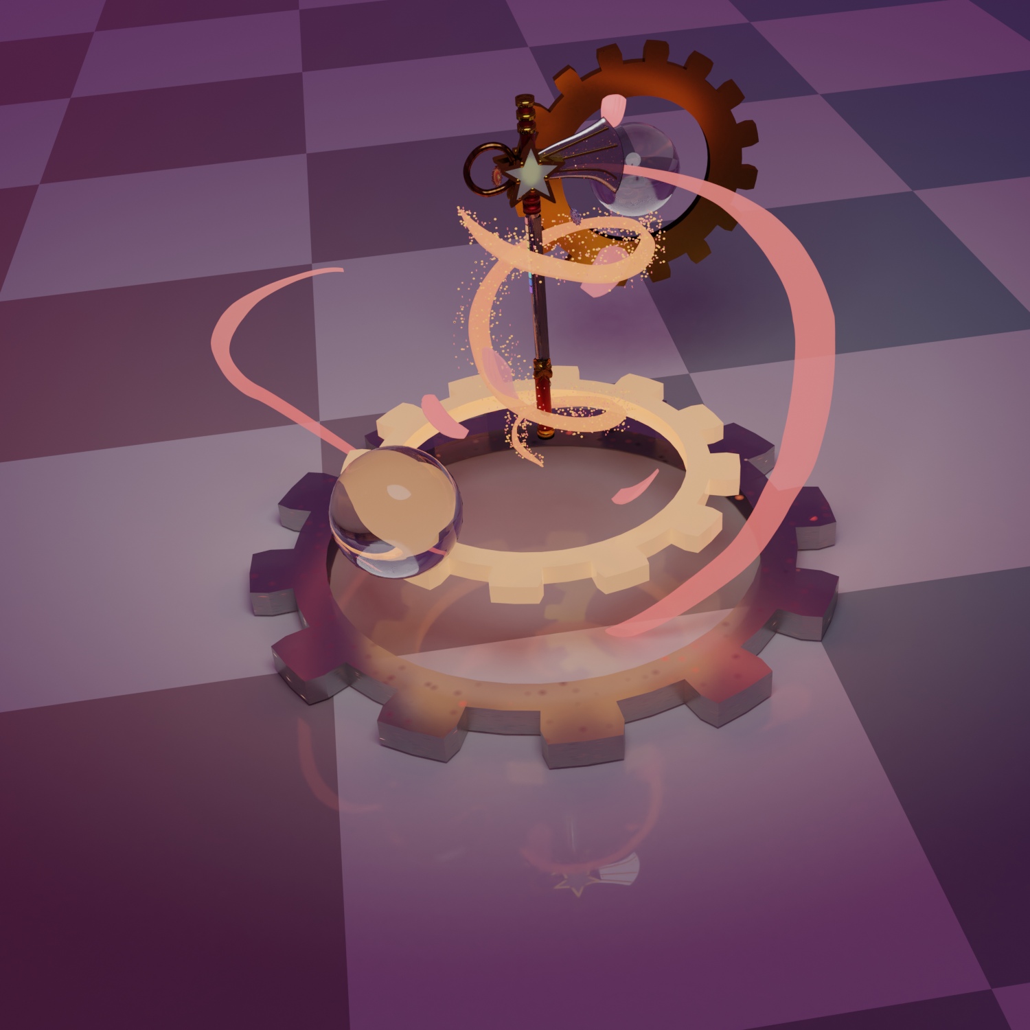Image description:A finished render showing the Vega weapon surrounded by glowing streams against a purple sky. Some gears and glass spheres were added and reflect off of each other and the lighting. The floor is a reflected checkerboard pattern and the other objects are reflected in it.
