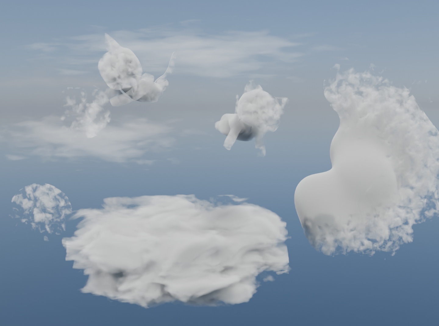 Image description: An experimental 3D render of white clouds and a blue sky. One of the clouds looks like a regular cloud. Some of the clouds are round and made from metaball objects and two of the clouds are shaped like cats. One of the cat-shaped clouds looks like it's running towards a ball-shaped cloud
