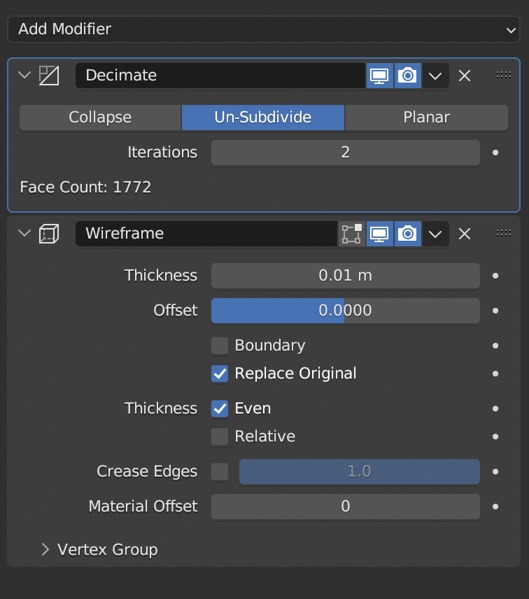 Image description: A screenshot from Blender showing the Modifiers tab. Two modifiers are open, <b>Decimate</b> and Wireframe. The Decimate modifier is at the top with 'Un-Subdivide' selected and set to 2 iterations to reduce the face count. The Wireframe modifier is at the bottom