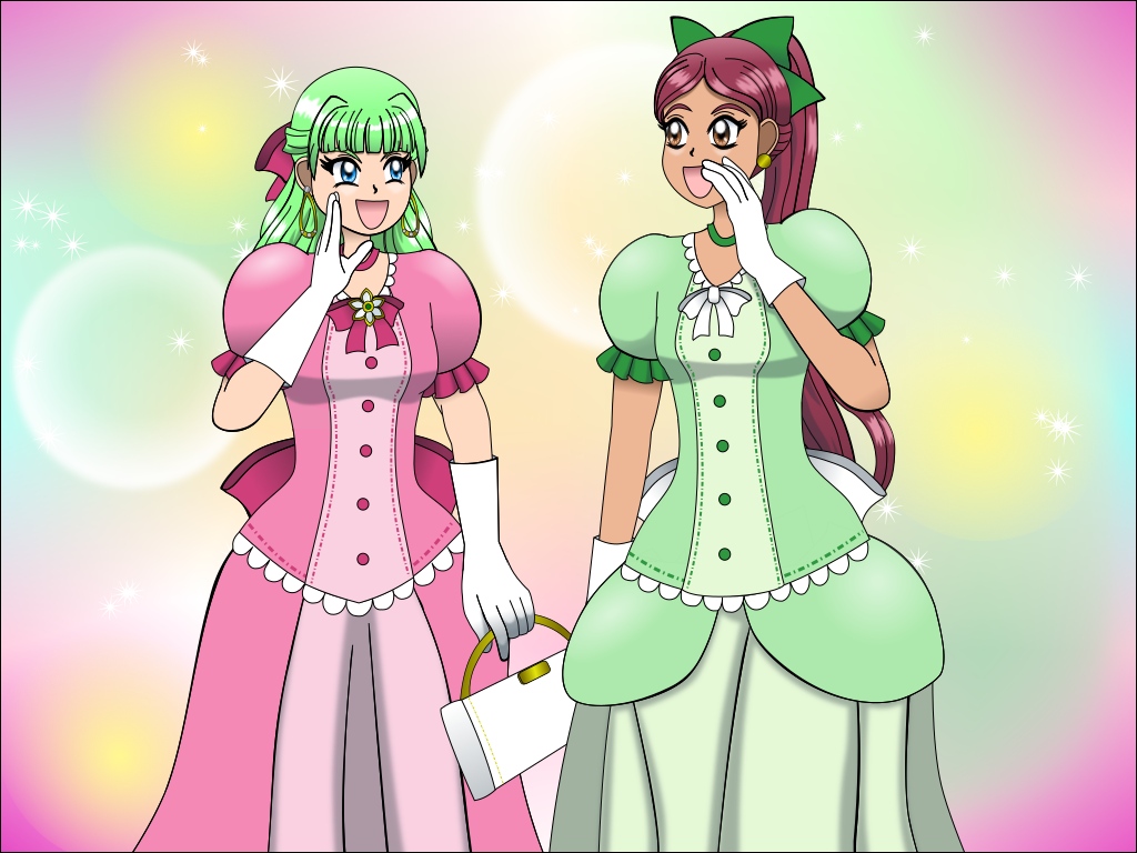Image Description: A shoujo manga-style illustration of Chelsea and Claudia. They appear to be chatting, and are wearing color-coordinated fancy gowns; Chelsea has mint green hair with a pink gown and Claudia has rosy pink hair with a mint green gown. Their gowns have large puffed sleeves with lace along them, and have two skirt layers. 