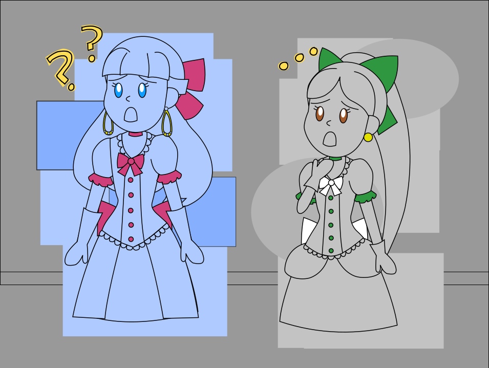 Image Description: A 1950's UPA-style illustration of Chelsea and Claudia looking confused. Their designs are simplified and have a limited color palette. Chelsea is in a blocky blue background and Claudia is in a blocky gray background. They match the backgrounds aside from a few accent colors such as their earrings, lace on their sleeves and bows on their outfits.