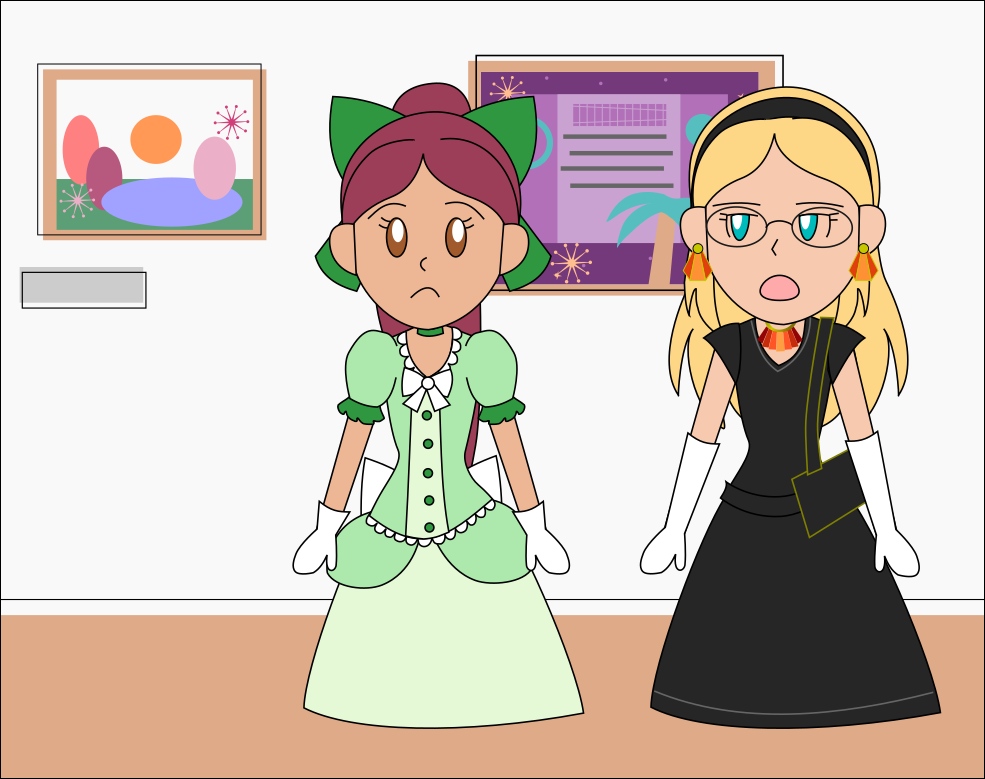 Image Description: A 1950's UPA-style illustration of Claudia and Fiorina. Fiorina appears to be telling Claudia something, but Claudia looks confused. Both appear in full color against a minimalist art exhibit background. The background shows a wood floor and two framed paintings.