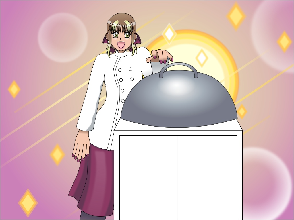 Image Description: A shoujo manga-style illustration of Ella standing by her cart with has a large round metal lid on top of it. Ella has two-toned light brown and blonde hair and is wearing a chef outfit with a deep pink skirt and mauve tights. The background is based on shoujo manga and anime aesthetics but also melds Art Deco elements into it. 