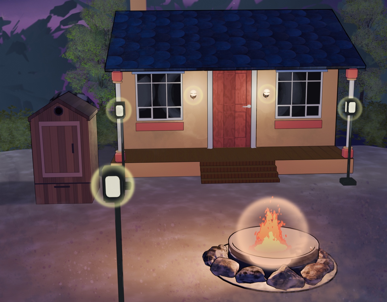 Image Description: A 3D render of a campsite at night. It has an orange cabin with red trim, a red door and blue roof. To the front and side of it is a wooden smoke house. Further in the foreground is a campfire surrounded by electric lights. There are a lot of trees in the background.
