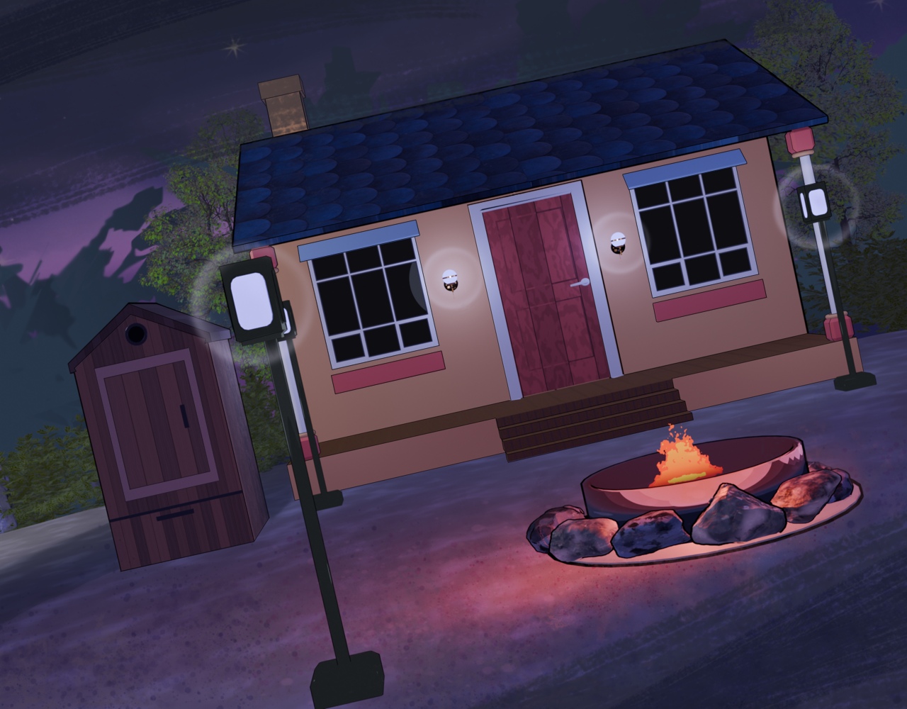 Image Description: A 3D render of a campsite at night. It is similar to the previous render but the lights are a cold pale blue-purple, the campfire is dimmer and gives off a red light, and the camera angle is tilted to reflect unease.