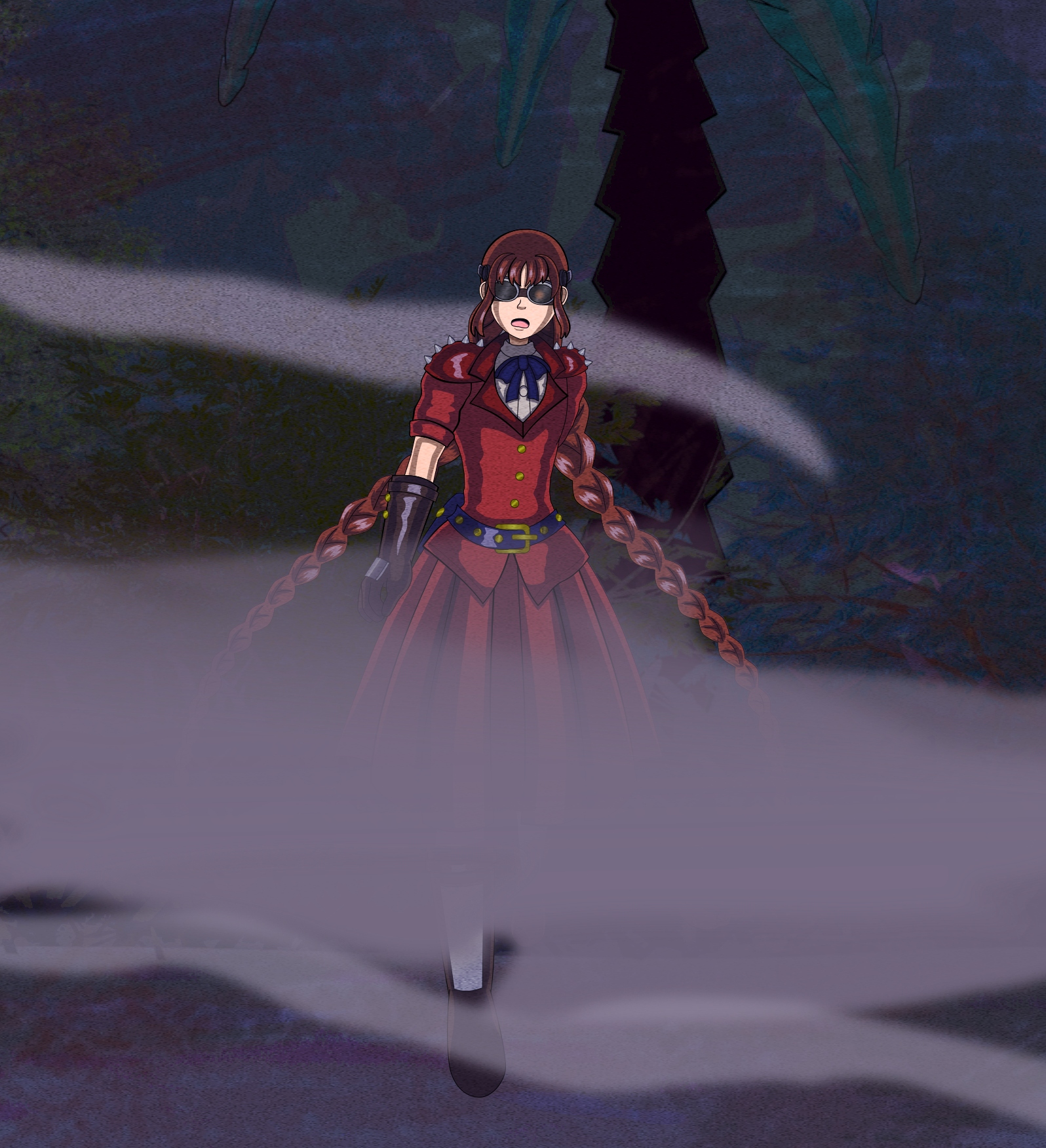 Image Description: The person known as 'the forest spirit' approaching the camera with bushes and trees in the background. She has long brown hair in braided pigtails, is wearing steampunk goggles and is wearing a red jacket and skirt with darker boots and gloves. The view of her is partially obscured by fog.