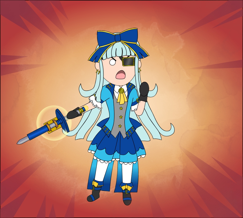 Image Description: A chibi-style illustration of Ultramarine Revolutionary looking very annoyed while she points to something with her sword.