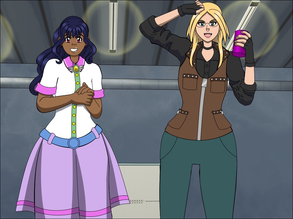 Image Description: Felicity and Fiorina in a machine shop; the background has a stylized blue palette with yellow lighting. Felicity and Fiorina are looking in awe at something off-camera but in front of them; Fiorina is holding an energy drink can in one hand. The art style of the characters is based on 90's anime, and the background has a stylized limited palette of gray-blues.
