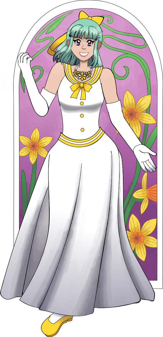 Image Description: Rita drawn in an Art Nouveau-style; she has shoulder-length light turquoise hair with purple eyes and is wearing a sleeveless white gown with a yellow sailor collar, belt and shoes. Her dress also has a yellow bow and buttons. She is wearing long white gloves. One of her shoes peeks out from her skirt, and she has a large yellow bow on her head, and is wearing a necklace with three daffodils on it. The background is purple with a cluster of daffodils in it.