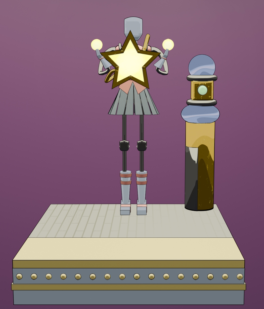 Image Description: A 3D render of an art installation piece resembling a stylized humanoid in a steampunk-like outfit with a large 3D 5-pointed star object in front of it as the centerpiece. In the middle of the centerpiece is a panel that is glowing.