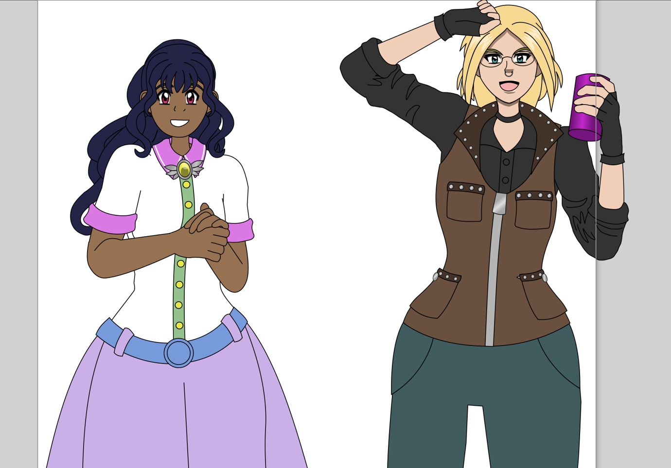 Image Description: A partially-shaded WIP of Felicity and Fiorina, who are looking in amazement and relief over finishing a difficult project