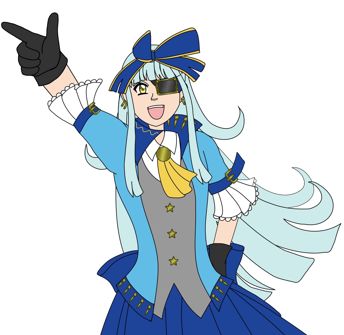 Image Description: An unshaded vector drawing of Kayla's magical alter-ego. She is wearing a magical girl outfit with pirate motifs; her hair is waist-length and pale turquoise and her right eye is gold. She is wearing an eyepatch on her left eye. Her outfit has a white collared blouse with a circular gold brooch, gold necktie, gray vest with gold star-shaped buttons, black gloves, a sky blue jacket with a deep blue collar and belts on the upper sleeves and trim along the waist. Below the belts, the sleeves are white and ruffled. She wears a large deep blue bow with gold stripes on top of her head, and the collar of her jacket has gold decoration on it.