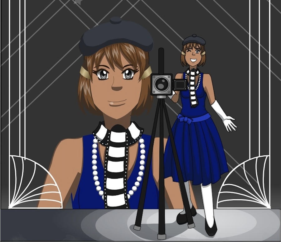 Image Description: Part of a panel from chapter 8 of the Magical Renegades webtoon; Camelia is posed against an Art Deco-style background, and the background includes a portrait of her in an Art Deco style. The color palette in the background other than the portrait is black with gray and white line patterns