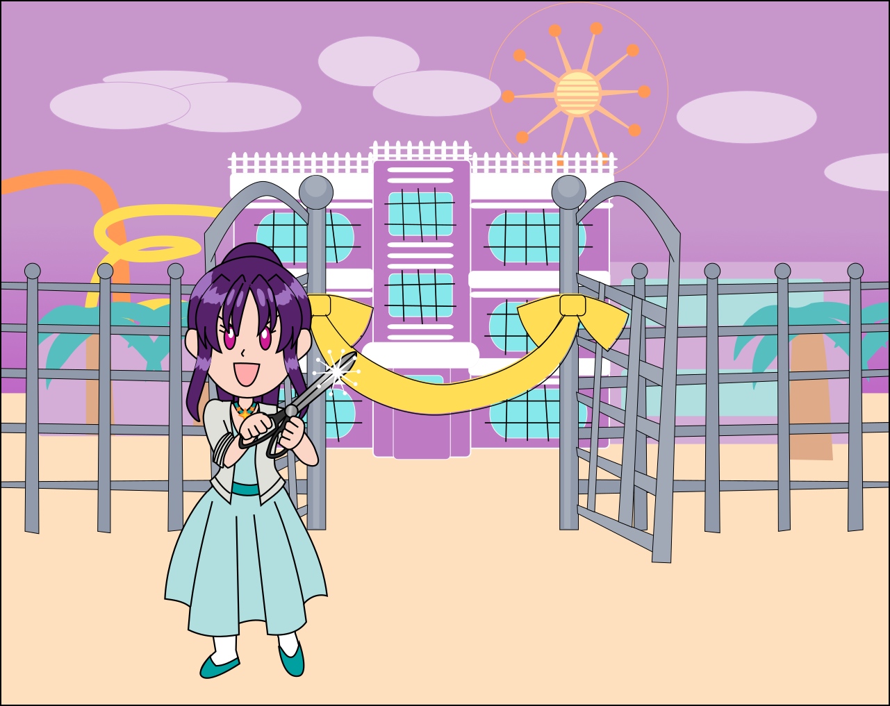 Image Description: A UPA-style illustration of Lucy standing by the resort gate and holding a giant pair of scissors. The gate is opened, but large ribbon is tied between the poles.
