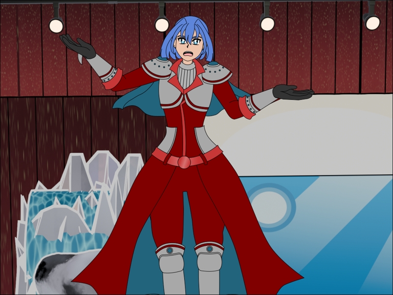 An unshaded vector sketch of Valencia standing on a hard light projection of a cliff and waterfall on stage