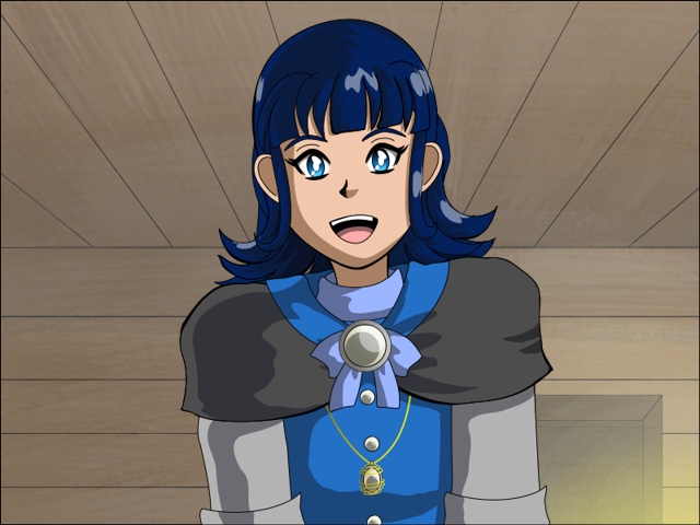 Image Description: A mid-shot of Polyxena, who is standing in a room with wood paneled walls