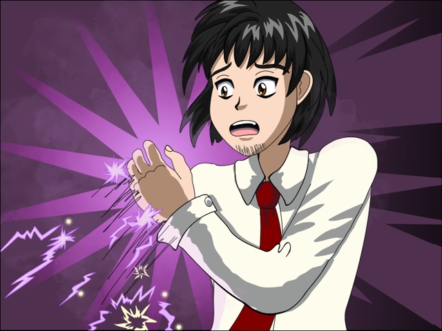 Image Description: Mid-shot of Damien trying to pull his hand back when it was being attacked by a bunch of purple and yellow sparks.
