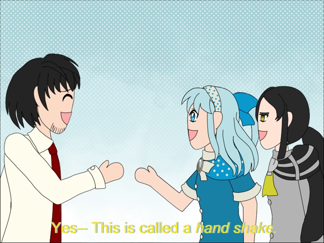 Image Description: Damien demonstrates a handshake to Piper and Juna. Piper looks amused but Juna feels snarkier.