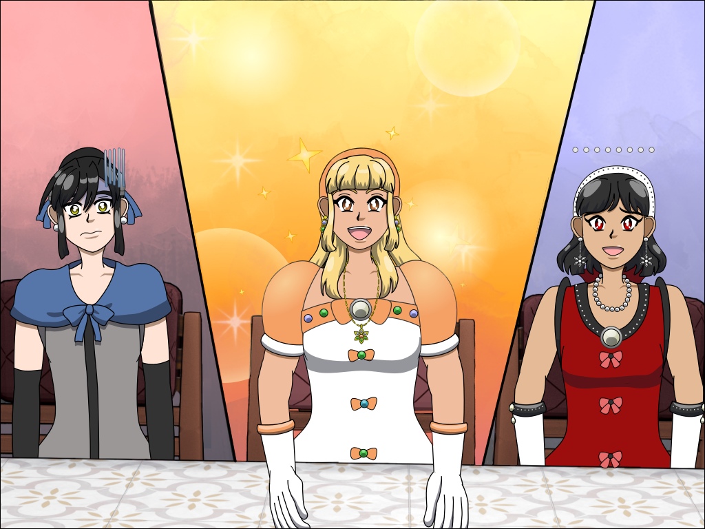  Image Description: An illustration shows a split screen of three characters wearing gowns, and seated at a table but with different reactions to something. The chairs and table are 3D renders with line art applied to them but the characters are drawn with vectors. From left to right are Juna, Etta and Phuong. Juna looks mortified and the background behind her is a light red to gray gradient. Etta looks eager and the background behind her is pink, orange and yellow with yellow bubbles. Phuong looks like she is chuckling nervously. The background behind her has a light blue to gray gradient.