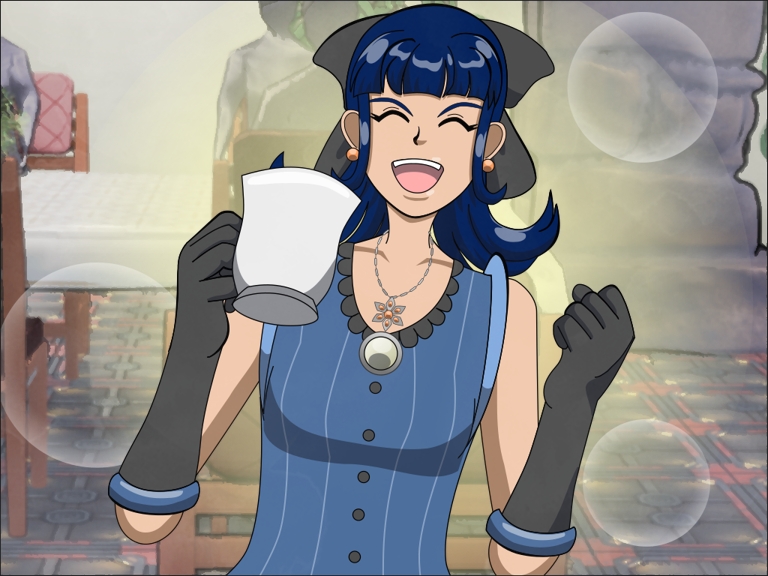 Image Description: An illustration of Polyxena seated in a dining room, excitedly and enthusiastically holding a mug with a drink in it. She looks like she’s cheering something on.