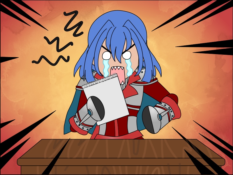 Image Description: A chibi-style drawing of Valencia, standing in front of a podium. She looks extremely annoyed with tears of frustration trickling down her face. She is holding a spiral notebook in one hand and clenches her other fist, about to slam it down on the podium.