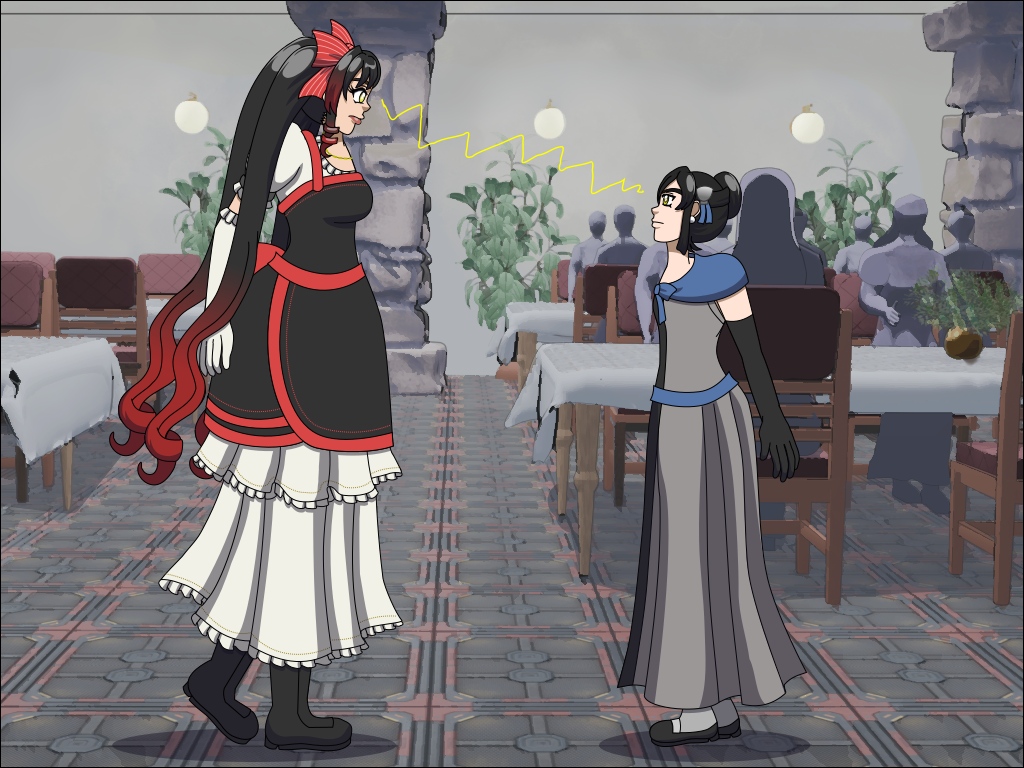Image Description: An illustration of Multiplicia and Juna. They are drawn in a side view facing each other in a stand-off. The background is 3D rendered and is of a hotel restaurant area. The two characters both have black hair and gold eyes, but Multiplicia is much taller than Juna had has a red gradient in her hair with four ponytails that are curled at the ends and wears a more elaborate outfit with an apron over it. Her gown is beige with lace trim and has a black apron with multiple layers of red trim on it, and she wears a chain necklace and she wears a large bow in her hair. Juna has her hair in a simple bun, and is wearing a simple gray gown with black trim, black dress shoes, long gloves and a slate blue shawl