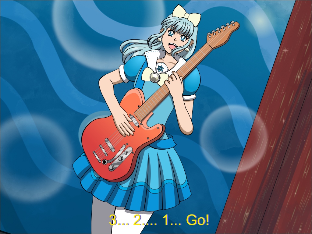 Image Description: An illustration of Piper which shows her in a blue and white Space Age-style dress with a sailor collar, round light yellow earrings, a large light yellow bow on her head, and another bow on her dresses with a circular brooch pinned to it. She looks confident as she is playing the guitar and is posing in front of the backdrop. It has the caption '3... 2... 1... Go!'